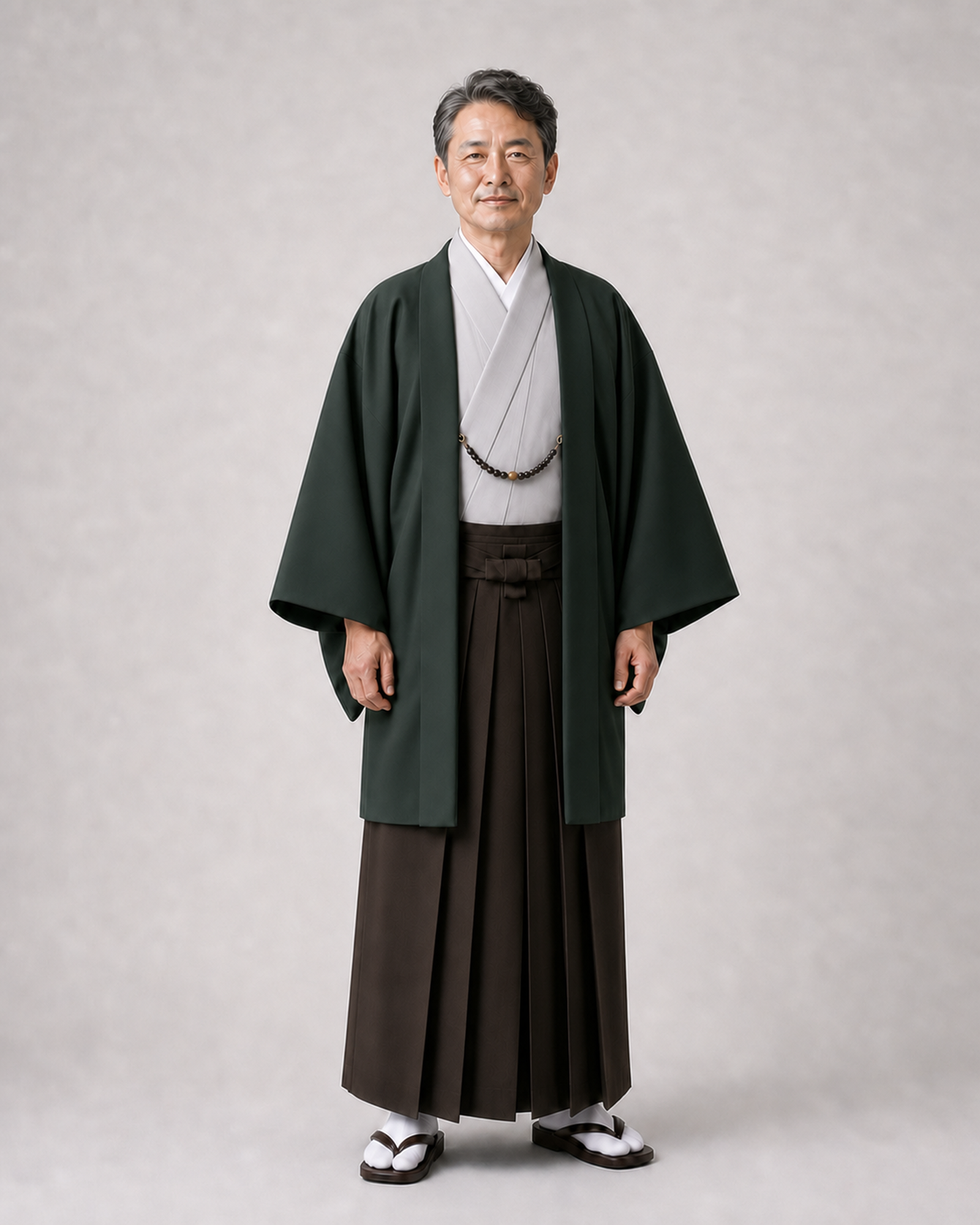 深緑の羽織と焦茶色の袴を合わせたコーディネート